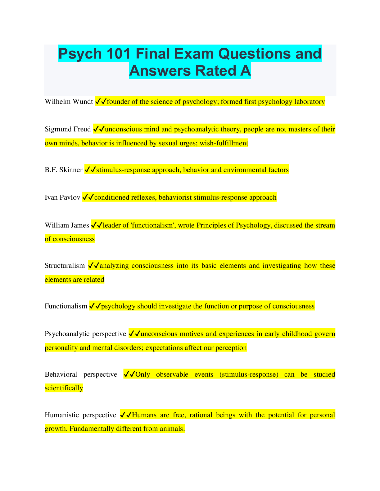 Preview image for Psych 101 Final Exam Questions and Answers Rated A+